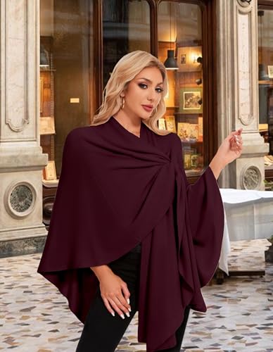 PULI Womens Elegant Cross Front Shawl Wraps Knitted Ponchos Cape Light Weight Poncho Sweater Soft Warm Travel Wraps - color: Burgundy