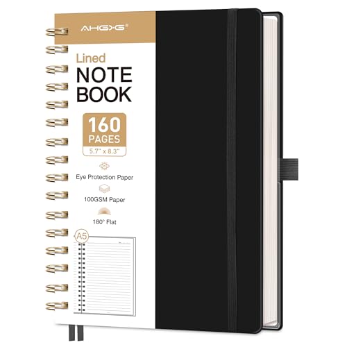 Spiral Journal Notebook, 160 Lined Pages, A5 Medium Size (5.7'' x 8.3''), for Men & Women, Journaling, Writing, Work & Office, Hardcover, 100 GSM Thick Paper (Black) - color: Black