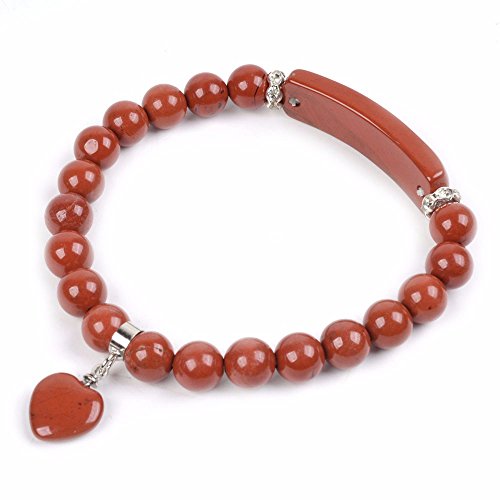Justinstones Gem Semi Precious Gemstone Love Heart Charm Stretch Beaded Bracelet Unisex - color: Red Jasper