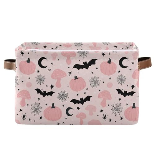 Happy Halloween Pink Storage Basket with Waterproof Liner and PU Handles Pumpkin Bat Moon Mushroom Storage Bins Boxes 14.2" Collapsible Decorative Organizer Baskets for Bedroom Closet Office 1 Pack - color: Halloween pink, size: 1 Pack