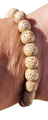 Handcrafted Lotus Seed Prayer Bead Bracelet, Traditional Himalayan Mala, Red Tassel, Natural Speckled Beads