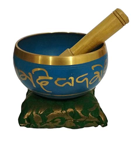 Purpledip Bell Metal Singing Bowl: Dhyana Musical Instrument for Meditation, 4.5 Inches, Blue (12128) - style: Scripture design | 4.5 inches | Blue