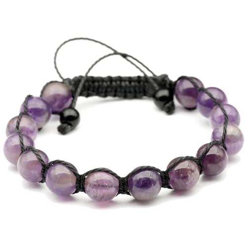 ElisaJewelryArt - Natural Black Onyx Beaded Bracelet Genuine Gemstone Strenght Crystal Macrame Bracelet Unisex Bracelet - color: Amethyst, size: MEN