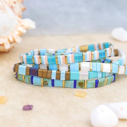 Tila Flat Beaded Stretch Bracelets for Women, Trendy Unique Handmade Stackable Green Blue Square Beads Miyuk Link Bracelet Summer Jewelry Gift - color: Turquoise Blue Tan