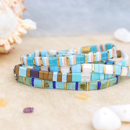 Tila Flat Beaded Stretch Bracelets for Women, Trendy Unique Handmade Stackable Green Blue Square Beads Miyuk Link Bracelet Summer Jewelry Gift - color: Turquoise Blue Tan