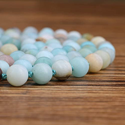 COAI OM Charm Hand Knotted Tassel 108 Mala Beads Necklace - color: Matte Amazonite, size: 6mm