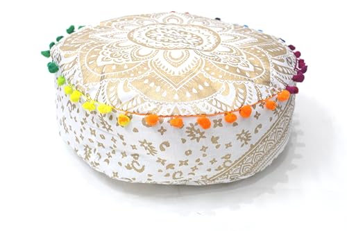 CRAFT KALA 18" Round Large Hippie Mandala Meditation Floor Ottoman Pillow Cushion Pouf Cover Square Poufs Bohemian Circle Floor Cushion Case Outdoor Fireplace Living Room Decor Cover White Gold Flower - color: White Gold, size: 18"D x 18"W x 5"H