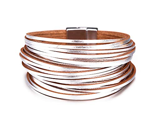 Fesciory Leather Wrap Bracelets for Women, Boho Leopard Multi-Layer Crystal Beads Cuff Bracelet Jewelry - color: B13:Short Silver