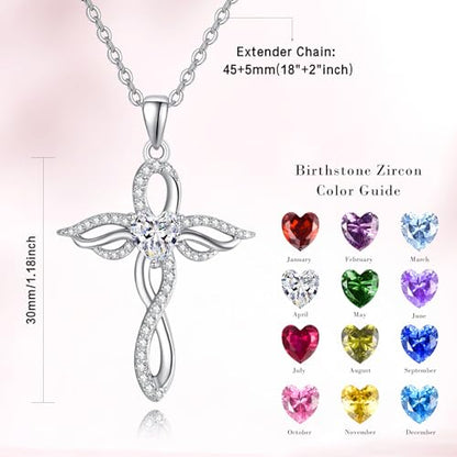 TANGPOET Angel Wings Necklace for Women 925 Sterling Silver Guardian Angel Pendant, Heart Cross Birthstone Necklace, Birthday Jewelry Gifts for Her - style: 4-April White Diamond