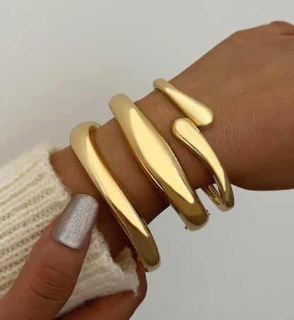 Chunky Gold Bangle Bracelets for Women, Dainty 14k Gold Plated Big Stackable Bangles Set, Trendy Statement Cuff Bracelet Stack Fashion Jewelry Gifts - style: A7-gold