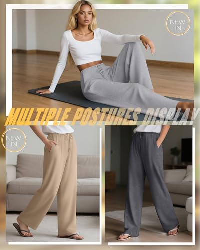 3 Pack Women's Lounge Pants Cozy Wide Leg Yoga Pants Casual Drawstring Loose Baggy Sweatpants with Pockets - color: Dark Gray, Light Heather Gray, Khaki, size: XX-Large