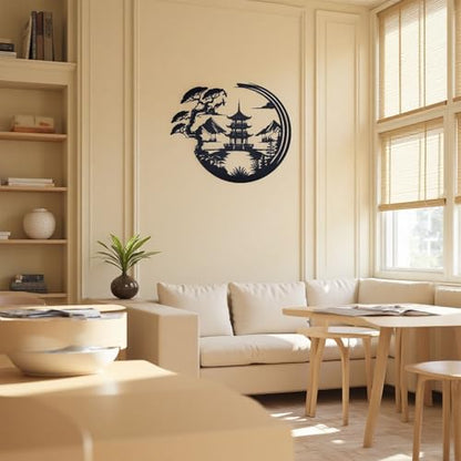 Japanese Bonsai Pagoda Metal Wall Art - Black Zen Asian Decor for Living Room, Bedroom & Office,lack Asian Inspired Wall Decor with Mountain and Tree Design, Wall Sculpture (11.8 x 9.8 Inches)