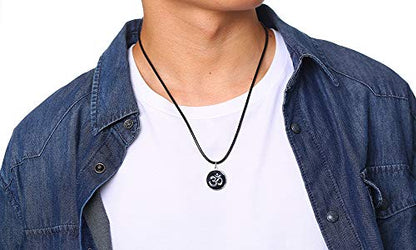 Stainless Steel Om Necklace for Men Women, gold plated/Silver/Black Yoga Charm Pendant Necklaces Aum Om Ohm Sanskrit Symbol Hindu Meditation Chain Necklace,Mens Womens Jewelry Gifts - color: Round Black