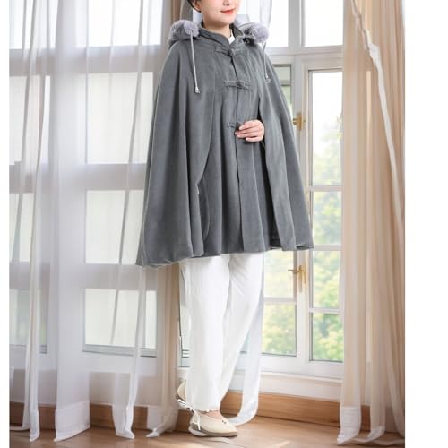 Unisex Meditation Hooded Faux Fur Collar Cloak Thickened Double Layer Plush Cape Poncho, Length 90cm