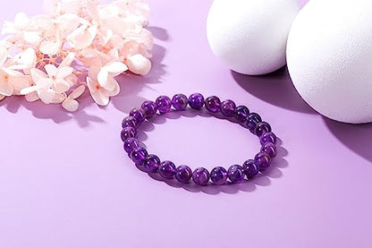 Jovivi Crystal Bracelets for Women Men - 8mm Handmade Natural Semi Precious Gemstone Beaded Bracelets, Round Stone Beads Stretch Bracelet, Healing Yoga Bracelets Jewelry Gifts - color: Amethyst Crystal