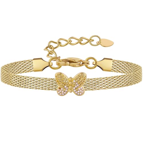Mesh Link Gold Bracelet for Women 14K Gold Plated Clip Beads Dainty Bracelets Gift for Women - style: Gold-Butterfly