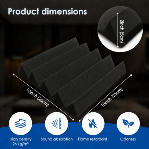 Super Dash (12 Pieces) of 25 X 25 X 5 cm Wedge Black Acoustic Soundproofing Foam Studio Treatment Wall Panel Tiles DD1134 (Black - color: Black, size: 12 Pieces - 10x10x2 in