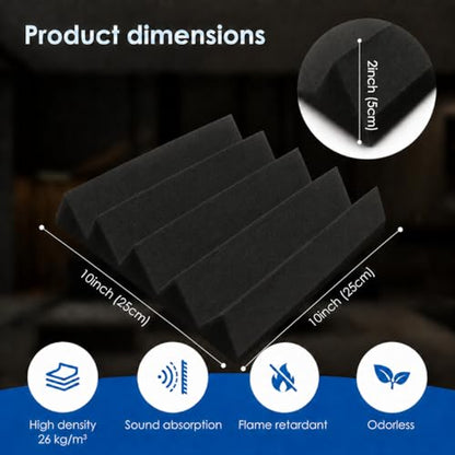 Super Dash (12 Pieces) of 25 X 25 X 5 cm Wedge Black Acoustic Soundproofing Foam Studio Treatment Wall Panel Tiles DD1134 (Black - color: Black, size: 12 Pieces - 10x10x2 in