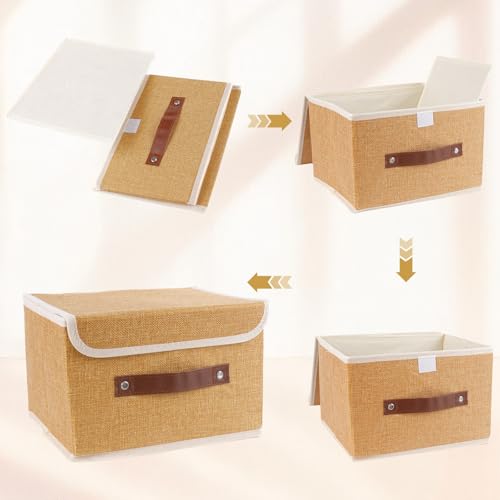Small Storage Bin with Lid Storage Boxes,Collapsible Linen Storage Basket Container with Lid Storage Cube for Organizing Closets(Light brown)