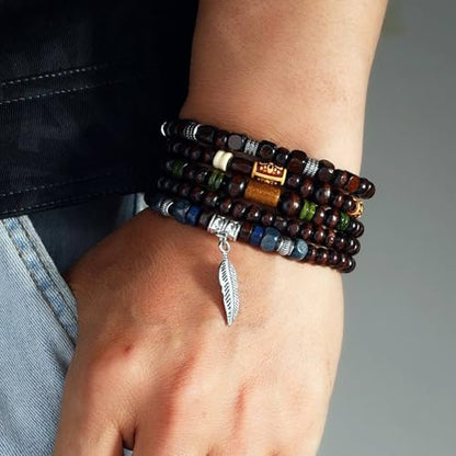 MILAKOO Mens Beaded Bracelets Tribal Wooden Elastic Adjustable Prayer Beads Wrap Cuff for Women - color: C: 5pcs