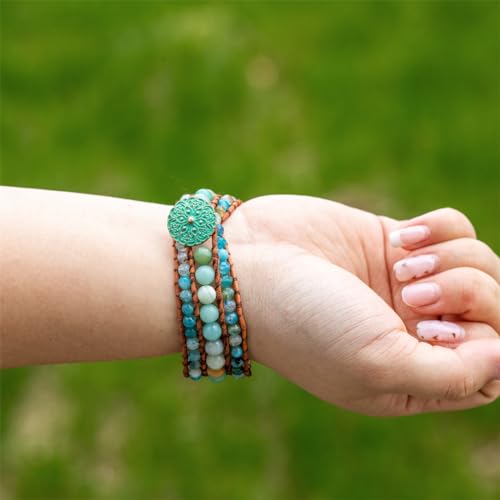YGLINE Boho Handmade Natural Stone Bead 3 Row Wide Wrap Wrist Statment Bracelet Jewelry Collection - color: agate＆amazonite