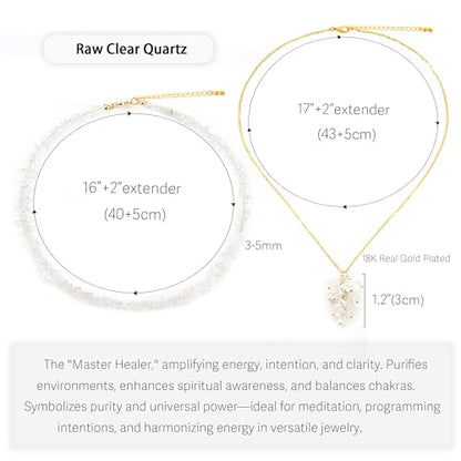2Pcs Crystal Necklace for Women Handmade Choker Necklaces Pendant Necklace Natural Stone Gemstone Beaded Necklace 18k Gold Plated Adjustable Dainty Necklace for Women - color: Clear Quartz