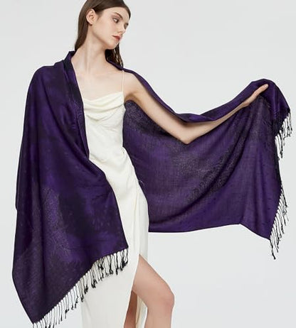Pashmina Shawl Wrap with Ethnic Paisley Two Tone Jacquard Scarf for Women - color: Feather-purple