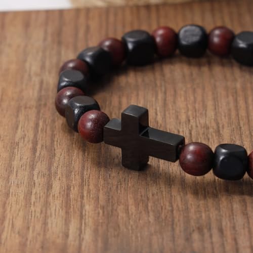 MILAKOO Wooden Bracelet with Black Stainless Steel Cross Charms Bead Christian Gifts for Women Men - color: C3