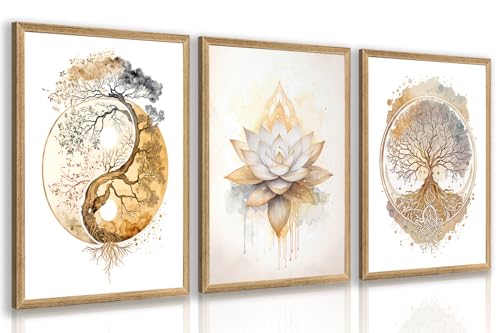 GELDSTEI Tree of Life Wall Art, Calming Zen Wall Decor, Abstract Yin Yang Tree Canvas Painting, Modern Gold Lotus Flower Meditation Poster Print for Living Room Yoga Room Bedroom Wood Framed Set of 3, Each 16x24 Inch - color: White-Gold(Wood), size: 24"L