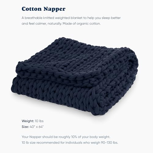 Cotton Hand-Knit Weighted Blankets for Adults - Chunky Knit Blanket - Sustainable, Breathable, Organic, Cooling Weighted Blanket - Machine Washable (Midnight Blue, 10 lbs, 40"x64")