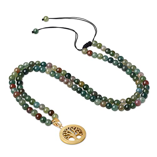 COAI Tree of Life Necklace 108 Mala Beads, Women's Men's Beaded Necklace, Japa Mala for Yoga Meditation 6mm - style: Indian Agate