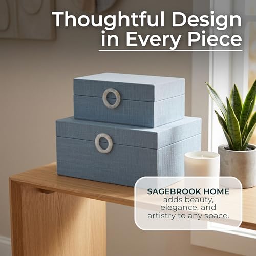 Sagebrook Home Set of 2 Decorative Storage Boxes with Lids - Fabric Covered MDF & Wood, Acrylic Handles - Home & Office Organizer - 9" & 7" Blue