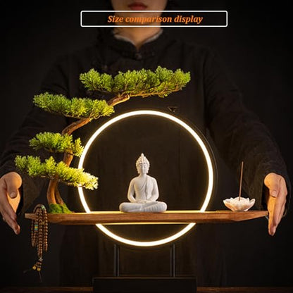 Zen Shakyamuni Buddha Statue with LED Light Ring, Bonsai Tree Decorative Buddha Figurine Set with Sturdy Metal Frame, USB-Powered Meditating Home Decor(Green)