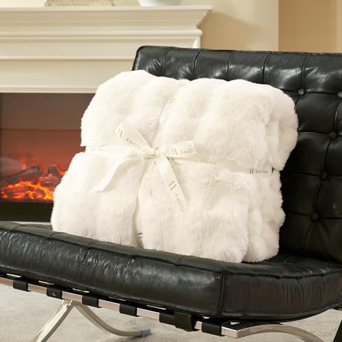 Amélie Home Faux Fur Throw Blanket, Ultra Soft Fuzzy Plush Bubble Blanket for Couch, Bed & Living Room, 60"x80", Cream White - color: Cream White, size: 60" x 80"