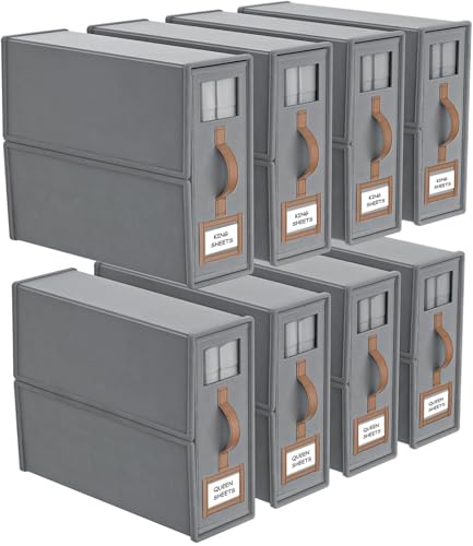 8 Pack Bed Sheets Organizers And Storage,Sheets Set Folder Keeper with Handle,Foldable Bedding Storage Box For Linen Closet,Duvet Cover(King Size-3.7 Gal,Gray) - color: Gray, size: 8 Pack-King Size-3.7 Gal