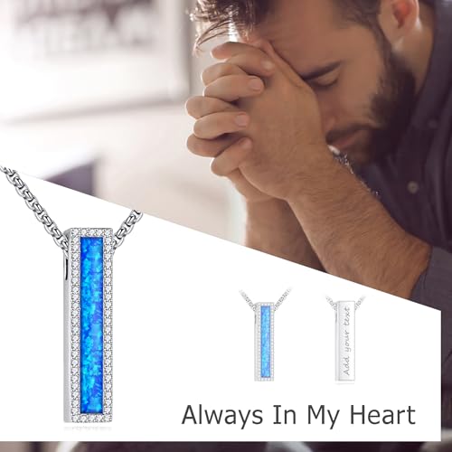 Cremation Urn Necklaces for Ashes Sterling Silver 3D Vertical Bar Memorial Pendant for Loved Ones Keepsake Cremation Jewelry Gifts for Women Men - style: Blue Opal