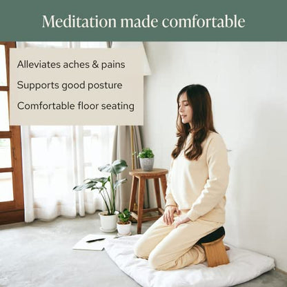 Bamboo Bench and Zabuton Meditation Mat Bundle - Small Kneeling Meditation Bench with Locking Magnetic Hinges - Wooden Kneeling Ergonomic Bamboo Seiza and Mat for Meditation