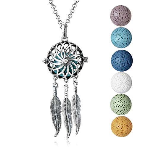 Wild Essentials Dream Catcher Essential Oil Diffuser Necklace Gift Set with Inner Calm & Relax Oils – Nickel Free Alloy Pendant with 6 Lava Stones – USA Made Oils & Perfume Necklace – Family Company - color: Silver Dreamcatcher, size: 2 Oils