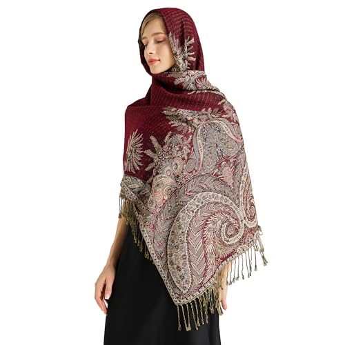 Silky Paisley Pashmina Shawl Scarf-Women's Soft Double-side Jacquard Pashminas Wrap for Evening Dress Travel Shawl - color: C-burgundy Balsam