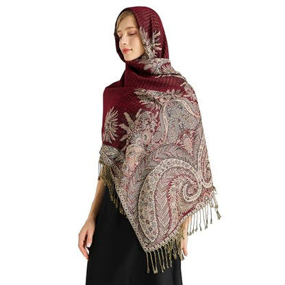 Silky Paisley Pashmina Shawl Scarf-Women's Soft Double-side Jacquard Pashminas Wrap for Evening Dress Travel Shawl - color: C-burgundy Balsam