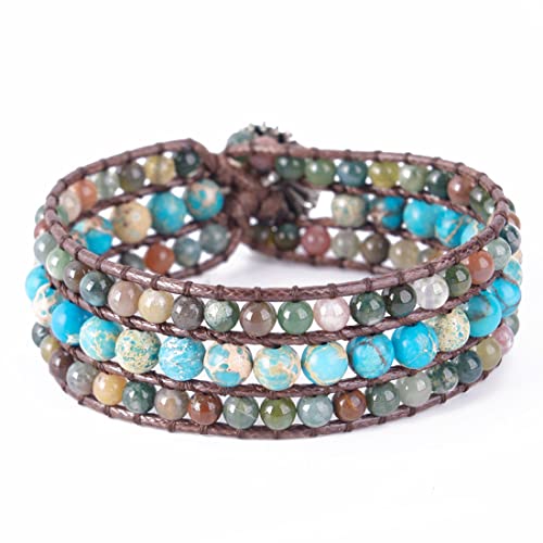 YGLINE Boho Handmade Natural Stone Bead 3 Row Wide Wrap Wrist Statment Bracelet Jewelry Collection - color: agate＆ turquoise