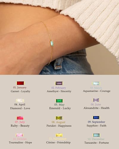 FUNEIA Birthstone Gold Bracelets for Women Non Tarnish Trendy Dainty 14K Gold Plated Bracelet Stack Stackable Blue Green May Emerald Friendship Bracelets Jewelry Gifts for Mom Best Friend - color: 03. March(Aquamarine)
