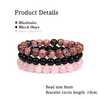3 PCS Healing Crystal Bracelets for Women 8mm Natural Stone Beaded Stretch Bracelet Amethyst Jewelry Gifts - color: 03 8mm pink