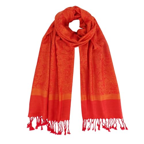 Silky Paisley Pashmina Shawl Scarf-Women's Soft Double-side Jacquard Pashminas Wrap for Evening Dress Travel Shawl - color: A-orange Red
