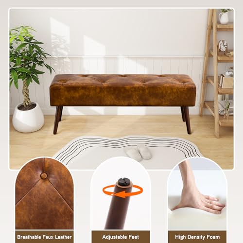 Furnimart Faux Leather Bench Ottoman, Tufted Button Bedroom Benches Footrest Stool in Solid Wood Legs, Long and Dining Bench, Indoor Bench for Entryway Living Room Bedroom (Leather-DustYellow) - color: Leather-dustyellow