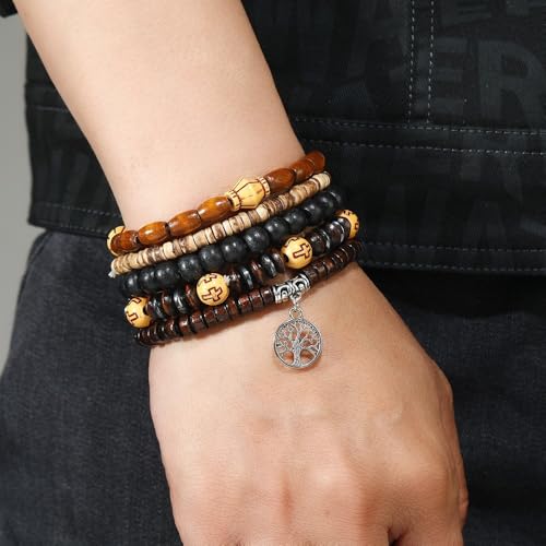 5pcs Wooden Bead Bracelet Set with Charm and Tassel for Men & Women - Stackable Boho Bracelets, Amber Color Scheme Adjustable Bracelet - color: All Brown