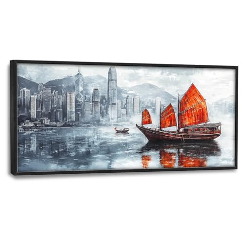 Cityscape Boat Large Wall Art Sailboat Pictures Wall Decor Coastal Canvas Ocean Nautical Print Painting Modern Artwork Home Decoration for Living Room Bathroom Bedroom Office Framed 60"x30" - color: Cityscape Boat, size: 60"L x 30"W