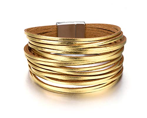 Fesciory Leather Wrap Bracelets for Women, Boho Leopard Multi-Layer Crystal Beads Cuff Bracelet Jewelry - color: B14:Short Gold1