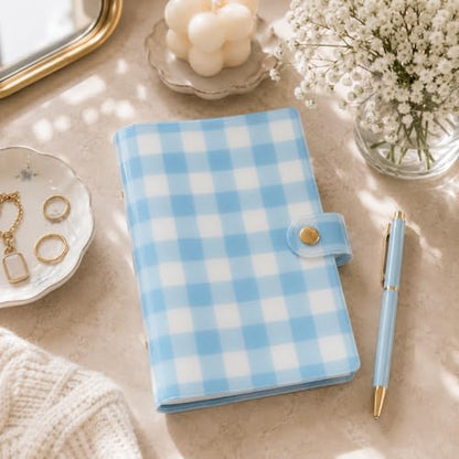 Pearhead Blue Gingham 5x7 Binder Journal with Snap Closure – 1 Inch Round Ring 6 Ring Refillable Notebook – 100 Lined College Ruled Pages, Thick 100 GSM Paper – Small PVC Planner Organizer, Journal Gift For Women - color: Blue Gingham Spiral Journal