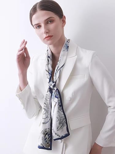 100% Silk Scarf for Women 59”*6.3” Long Shawls for Headscarf and Neck- Oblong Hair Wraps with Gift Packed - color: White&blue -Nautical
